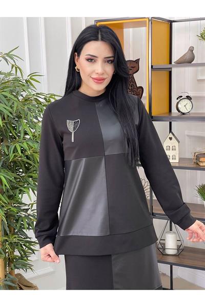 Deri Bloklu Etekli Takım 739 Siyah