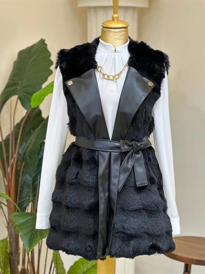 Deri Detay Angora Yelek 9015 T-25 Siyah