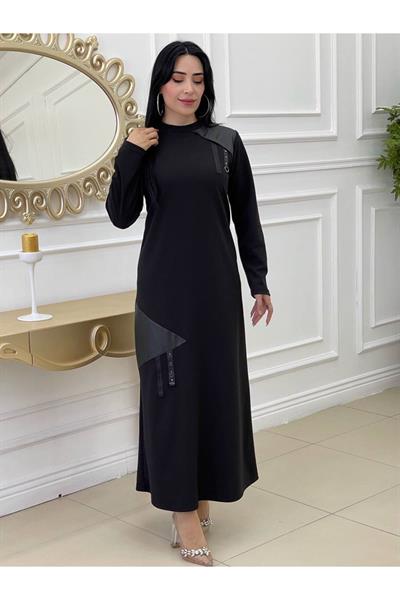Deri Detay Elbise 678 Siyah
