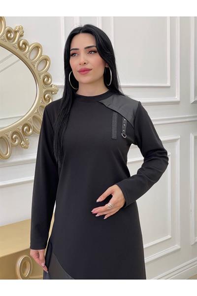 Deri Detay Elbise 678 Siyah
