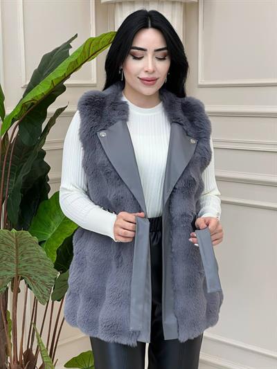 Deri Detay Kürk Yelek 9015 t-21 Gri