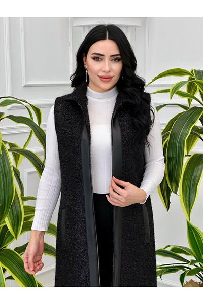 Deri Detay Simli Yelek 7370 Siyah