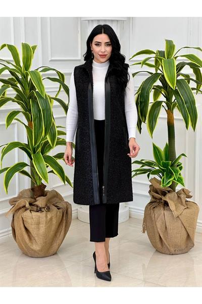 Deri Detay Simli Yelek 7370 Siyah