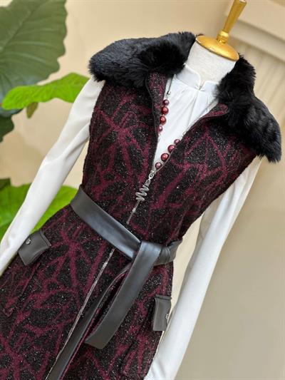 Deri Detay Simli Yelek 7512 T-25 Bordo