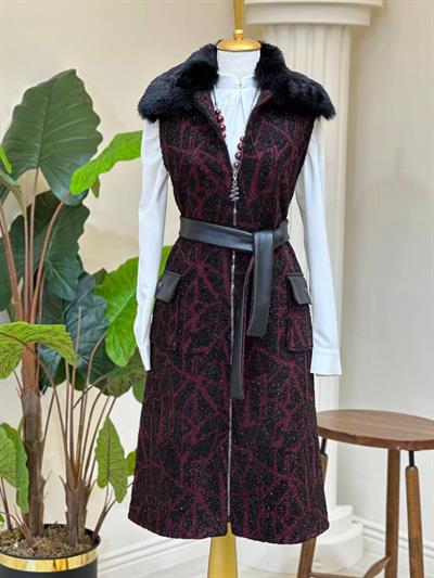 Deri Detay Simli Yelek 7512 T-25 Bordo