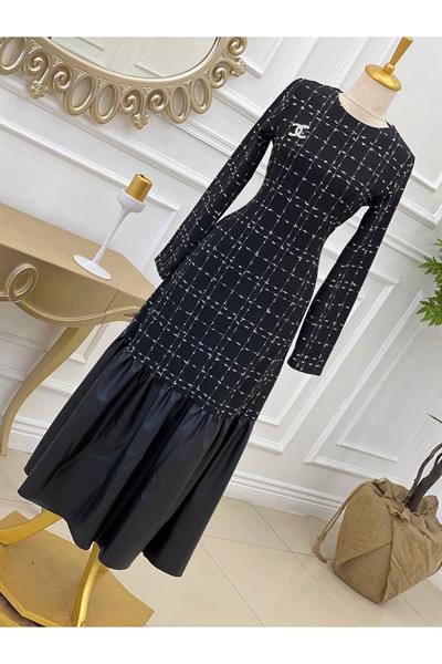 Deri Fır Fır Tüvit Elbise 715-Siyah