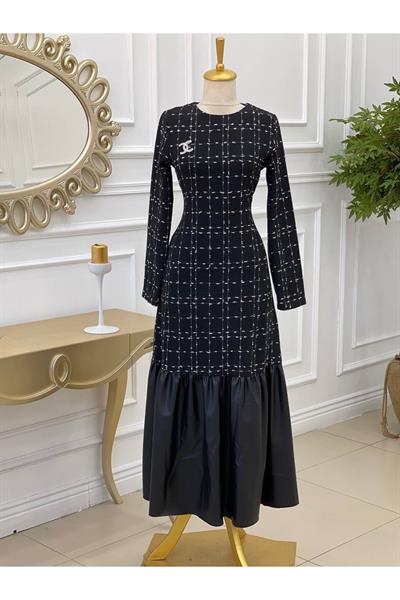 Deri Fır Fır Tüvit Elbise 715-Siyah