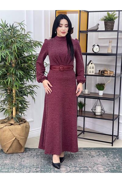 Deri Kemer Örme Elbise 3151 Bordo