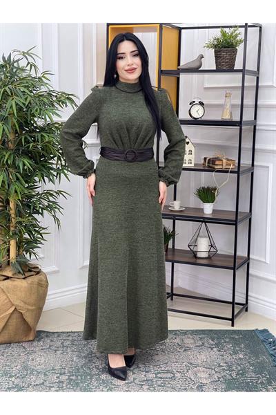 Deri Kemer Örme Elbise 3151 Haki