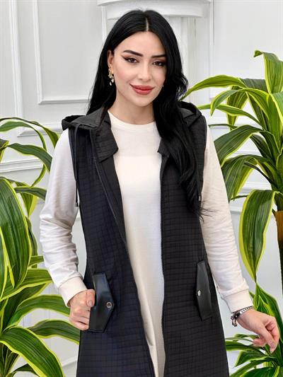 Deri Kombinli Yelek 3114 Siyah