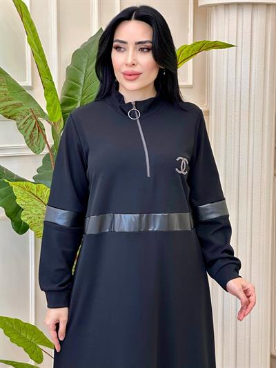 Deri Şerit Fermuarlı Elbise 2409 t-24 Siyah