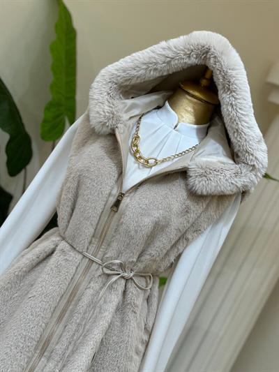 Deri Şerit Kapişonlu Angora Yelek 9029 T-25 Bej
