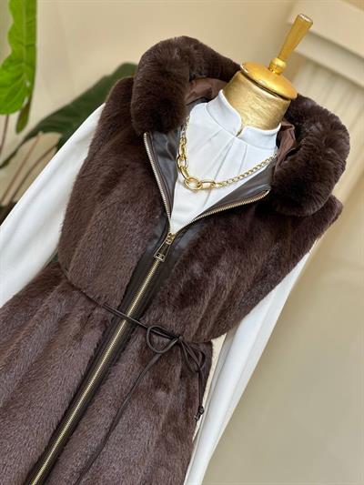 Deri Şerit Kapişonlu Angora Yelek 9029 T-25 Kahverengi