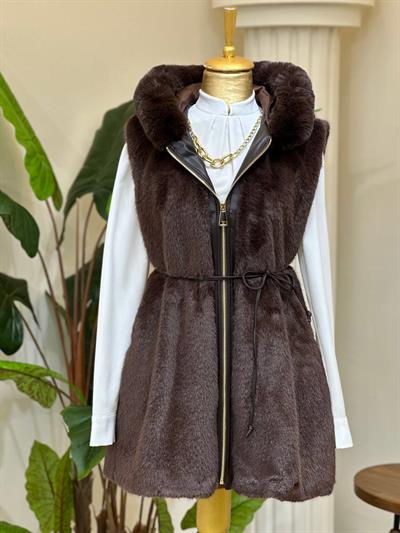 Deri Şerit Kapişonlu Angora Yelek 9029 T-25 Kahverengi