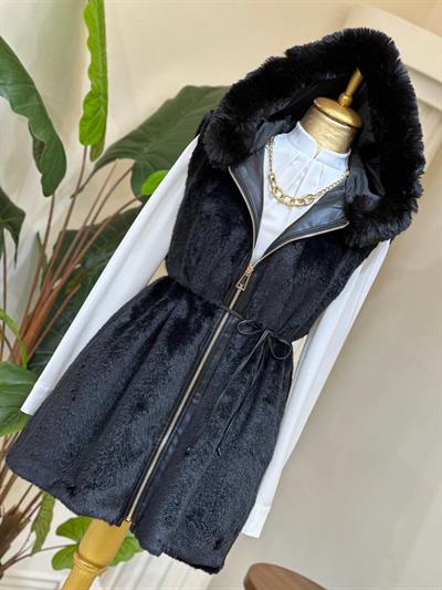 Deri Şerit Kapişonlu Angora Yelek 9029 T-25 Siyah