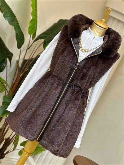Deri Şerit Kapişonlu Angora Yelek 9029 T-25 Kahverengi