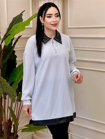 Deri Yaka Çizğili Sweat 170009 t-24 Beyaz