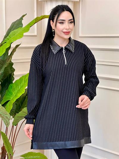 Deri Yaka Çizğili Sweat 170009 t-24 Siyah