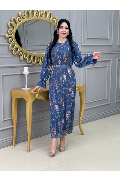 Desenli Bürümçük Elbise 3342 İndigo Mavi