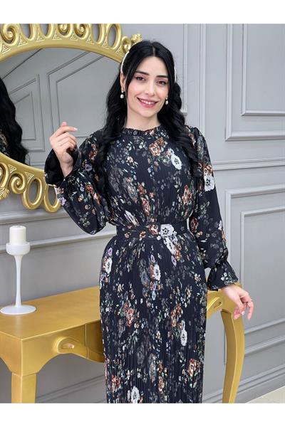 Desenli Bürümçük Elbise 3342 Siyah