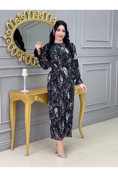 Desenli Bürümçük Elbise 3342 Siyah