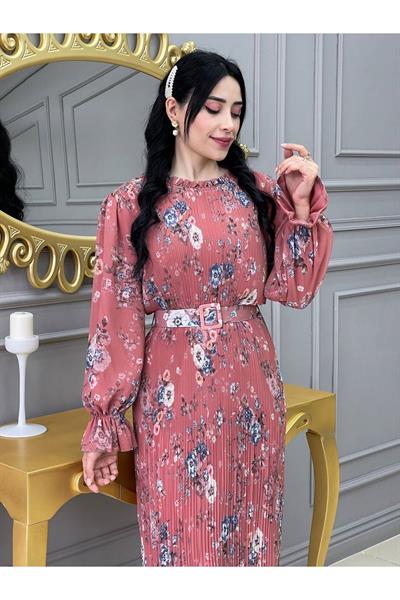 Desenli Bürümçük Elbise 3342 Taba