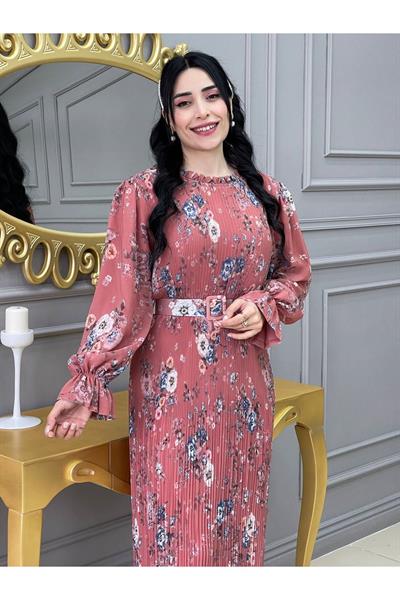 Desenli Bürümçük Elbise 3342 Taba