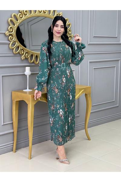 Desenli Bürümçük Elbise 3342 Yeşil