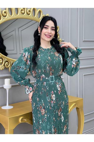 Desenli Bürümçük Elbise 3342 Yeşil