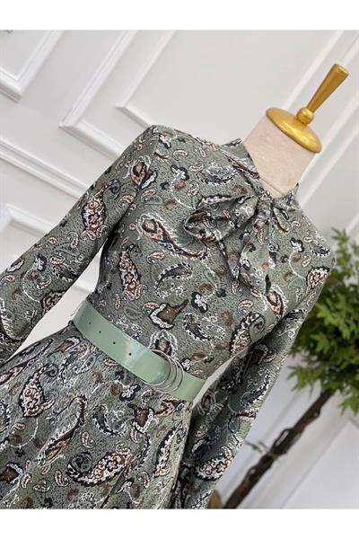 Desenli Güpür Elbise 0122 Mint yeşili