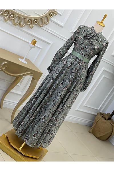 Desenli Güpür Elbise 0122 Mint yeşili
