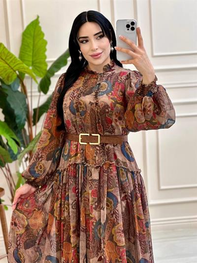 Desenli Kemerli Elbise 9645 e025 Taba
