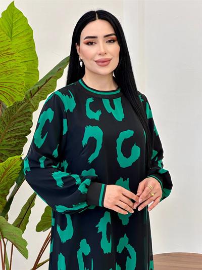 Desenli Şifon Büyük Beden Elbise 12437 Yeşil