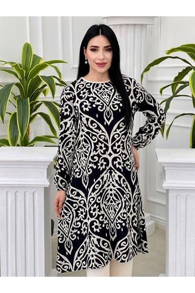 Desenli Tunikli Takım 728-Siyah