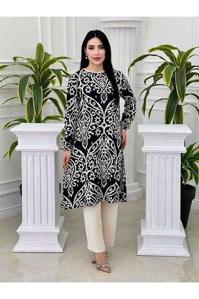 Desenli Tunikli Takım 728-Siyah