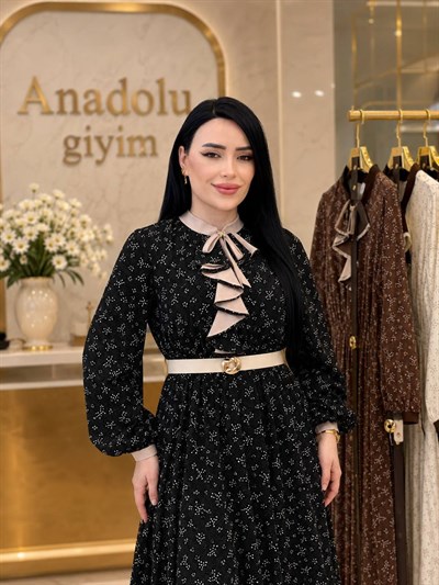 Desenli Yaka Volan Elbise 1201 T-26 Siyah