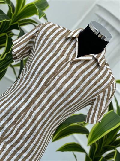 Dik Çizgi Kısa Kol Gömlek 1005 T-24 Vizon beyaz