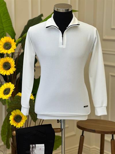 Dik Yaka Fermuarlı Sweat Beyaz