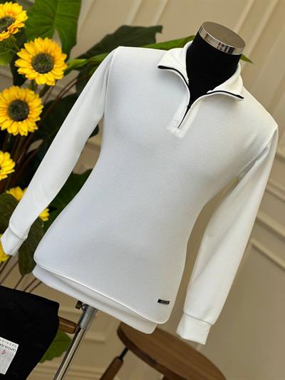 Dik Yaka Fermuarlı Sweat Beyaz