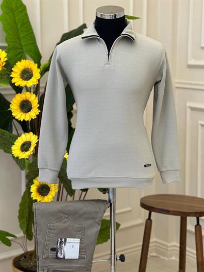 Dik Yaka Fermuarlı Sweat Gri