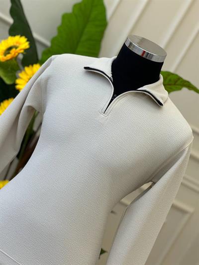 Dik Yaka Fermuarlı Sweat Krem