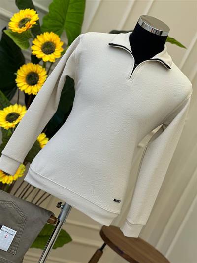 Dik Yaka Fermuarlı Sweat Krem