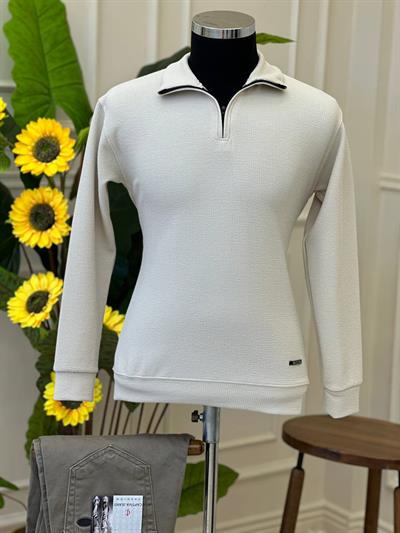 Dik Yaka Fermuarlı Sweat Krem