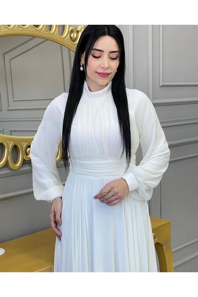 Drape Balon Kol Elbise 12240 Beyaz