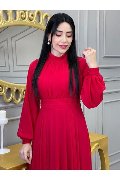 Drape Balon Kol Elbise 12240 Kırmızı