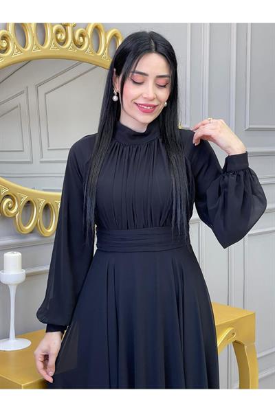 Drape Balon Kol Elbise 12240 Siyah
