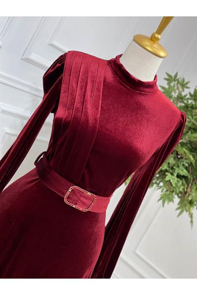 Drape Toka Kemer Kadife Elbise 3691 Bordo