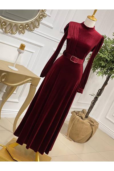 Drape Toka Kemer Kadife Elbise 3691 Bordo