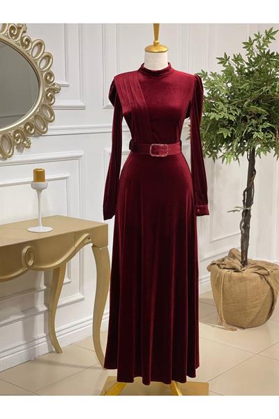 Drape Toka Kemer Kadife Elbise 3691 Bordo