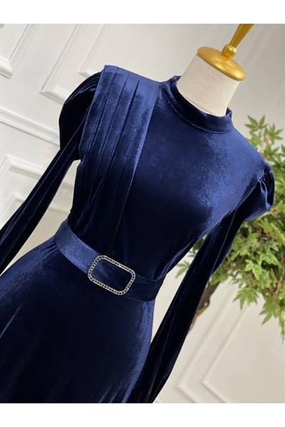 Drape Toka Kemer Kadife Elbise 3691 Lacivert
